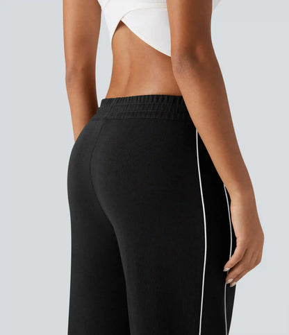 Mid Rise Drawstring Straight Leg Color Block Casual Cotton Pants with Pockets