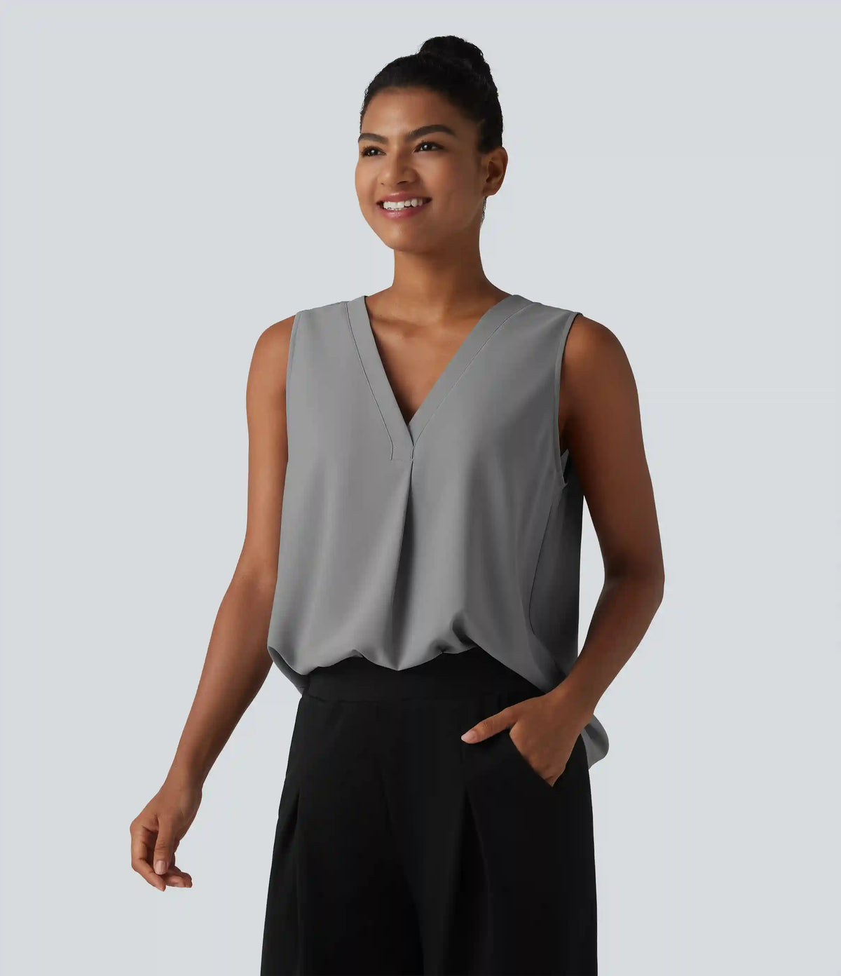 Wrinkle Recovery V Neck Sleeveless Oversized Work Blouse