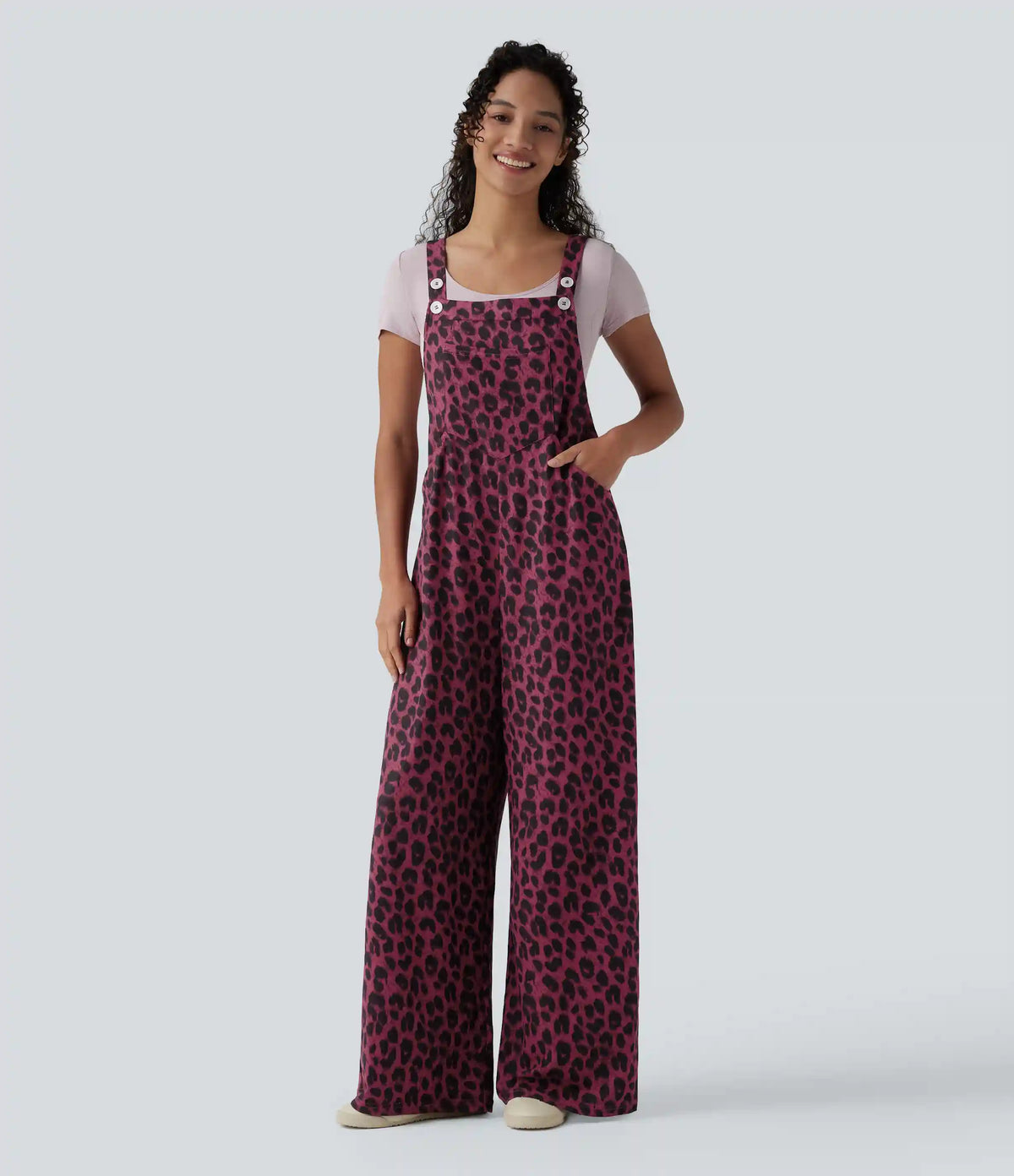 Leopard Print Waffle Casual Overalls with Pockets