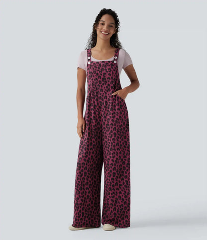 Leopard Print Waffle Casual Overalls with Pockets