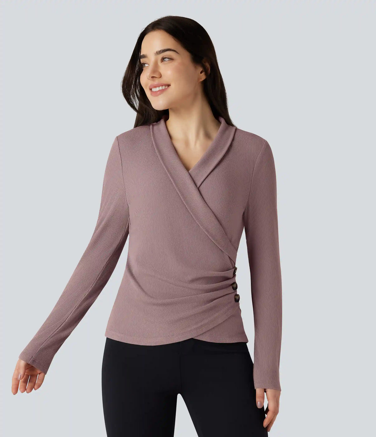 Ribbed Knit V-neck Crossover Long Sleeve Work Top