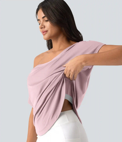 One Shoulder Short Sleeve Curved Hem High Low Quick Dry Yoga Sports Top-Built-in Bra