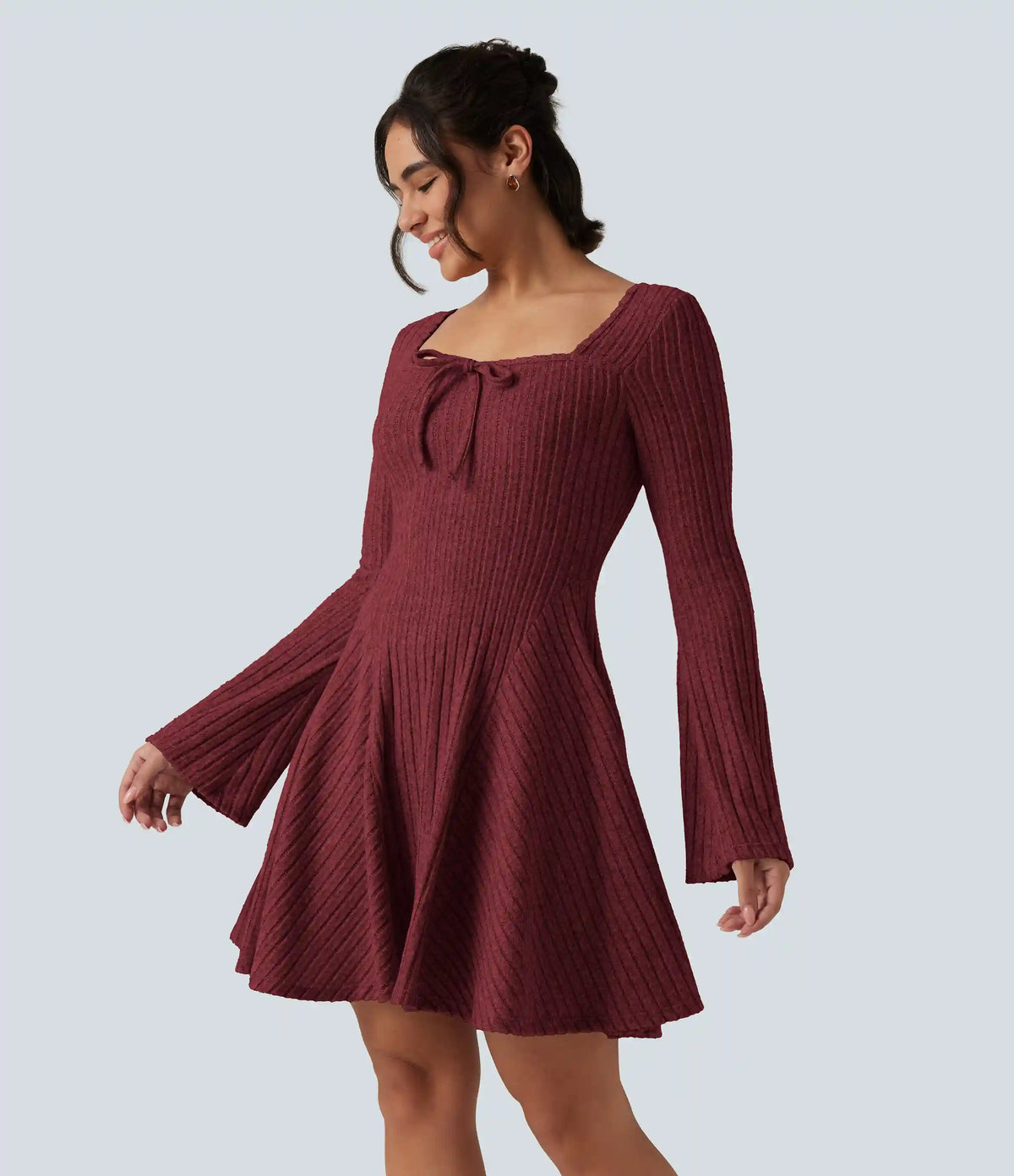 Ribbed Knit Square Neck Flounce Long Sleeve Decorative Knot Casual Flare Mini Dress