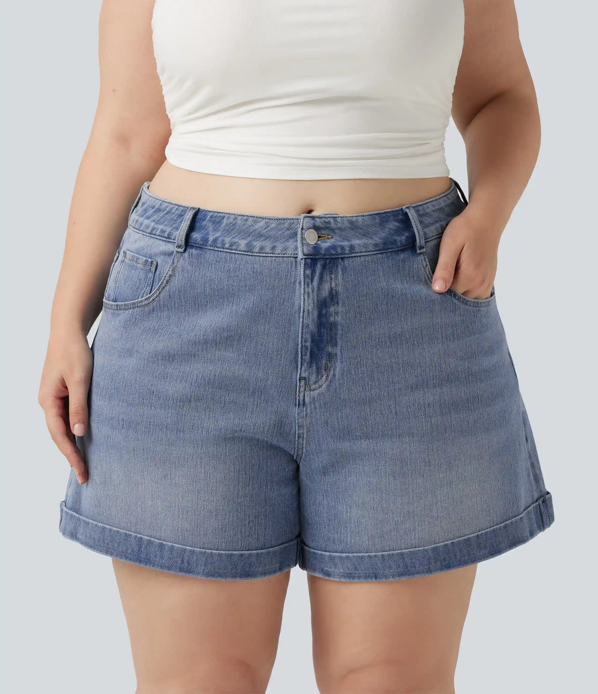 Plus Size Halara Flex™ Mid Rise Rolled Hem Denim Casual Shorts 5'' with Pockets