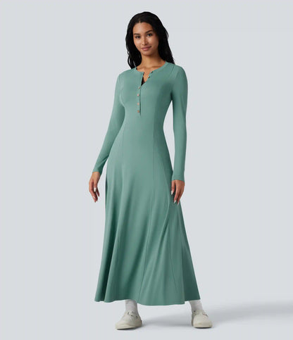 Henley Long Sleeve Flare Maxi Casual Dress