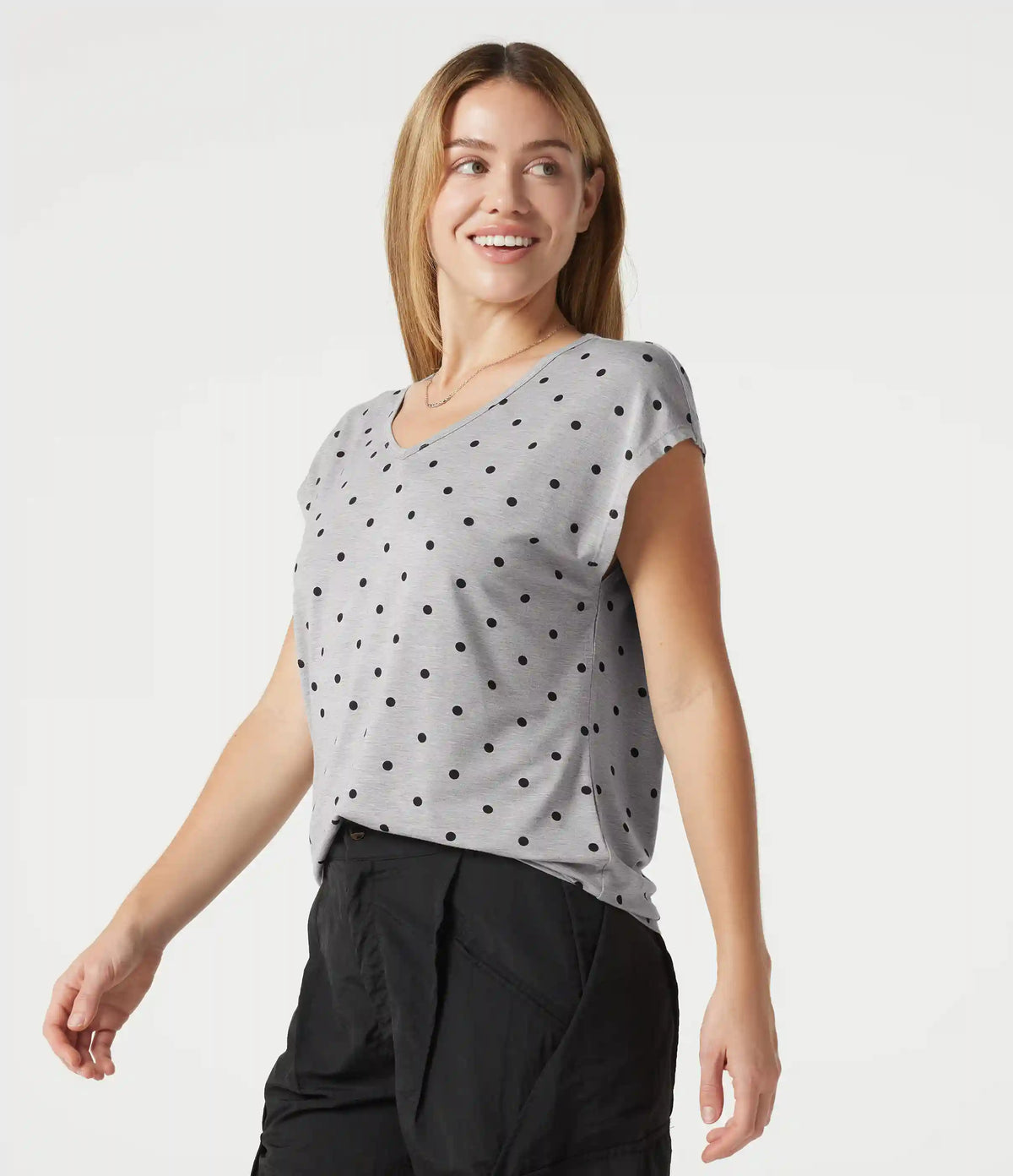 V Neck Short Sleeve Polka Dot Casual T-Shirt
