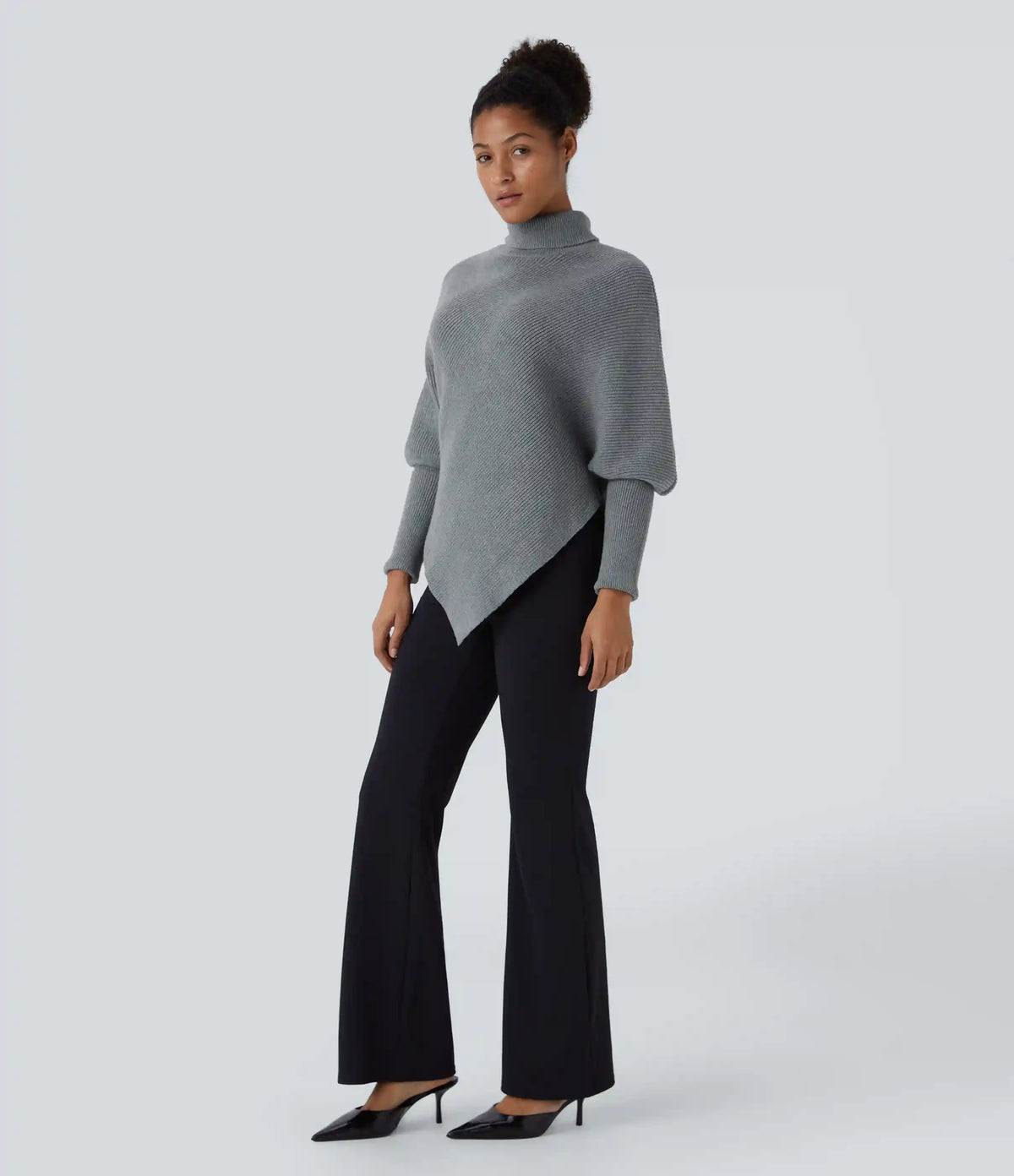 High Neck Long Sleeve Asymmetric Hem Work Sweater