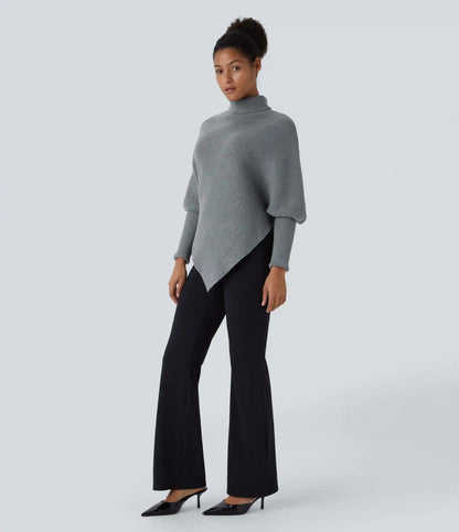 High Neck Long Sleeve Asymmetric Hem Work Sweater