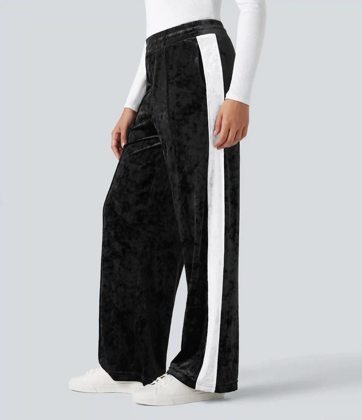 Mid Rise Drawstring Color Block Velvet Casual Straight Leg Pants with Pockets