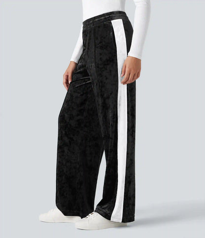 Mid Rise Drawstring Color Block Velvet Casual Straight Leg Pants with Pockets