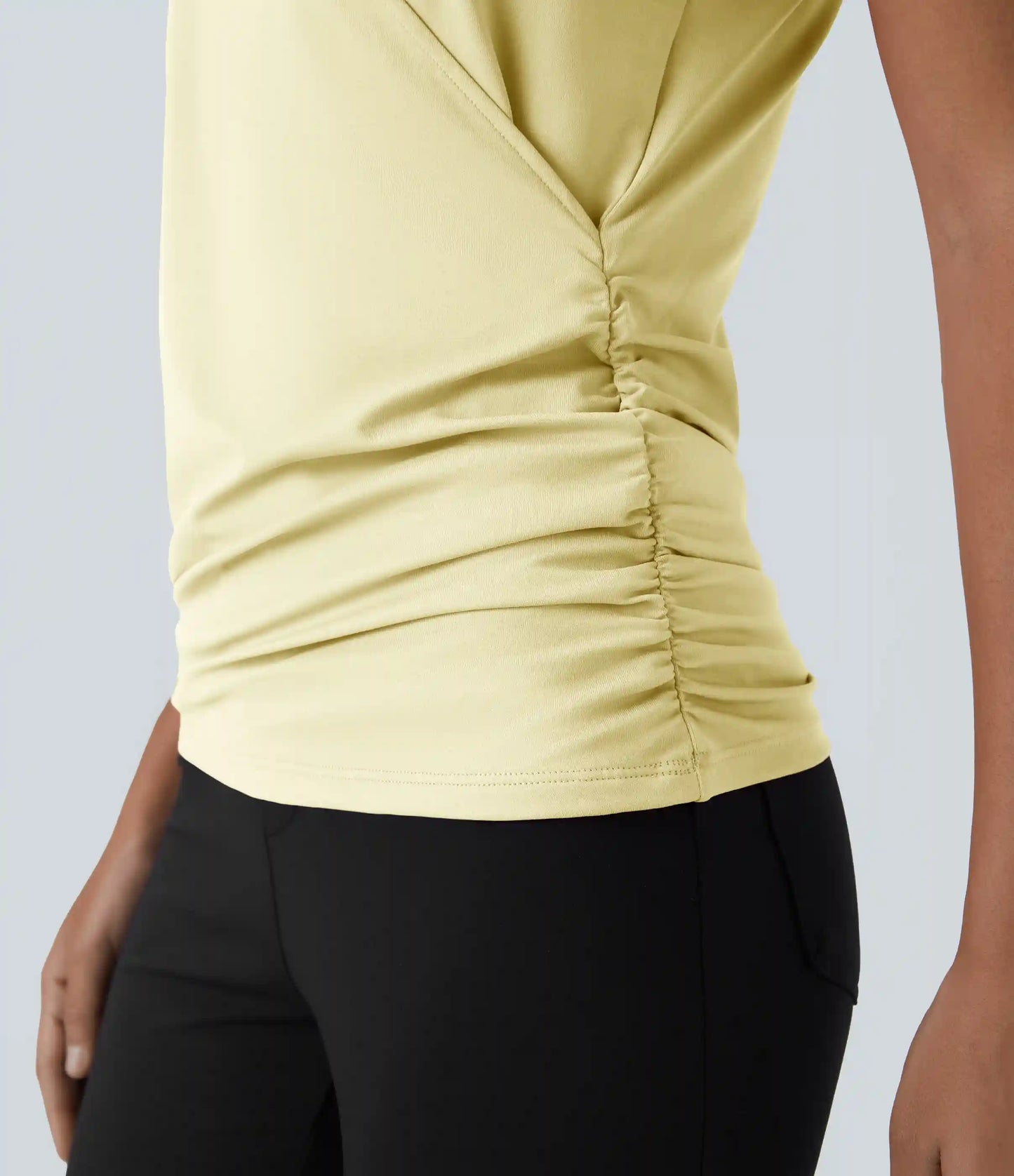 V Neck Cap Sleeve Crossover Ruched Solid Work Blouse