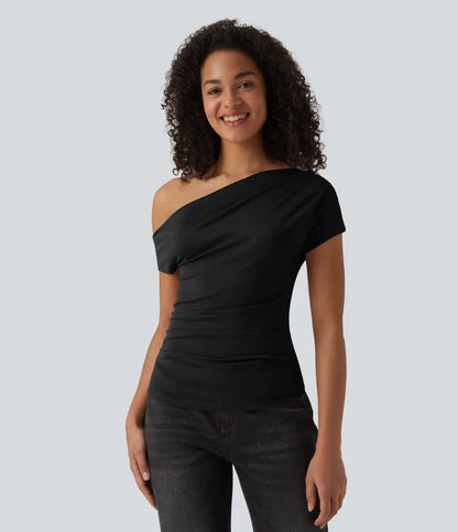 Ribbed One Shoulder Short Sleeve Casual Top