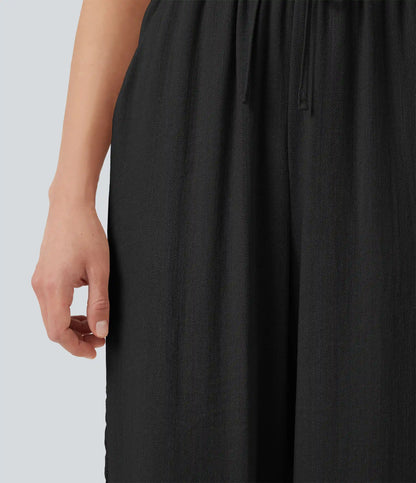 High Waisted Drawstring Casual Linen-Feel Pants with Pockets