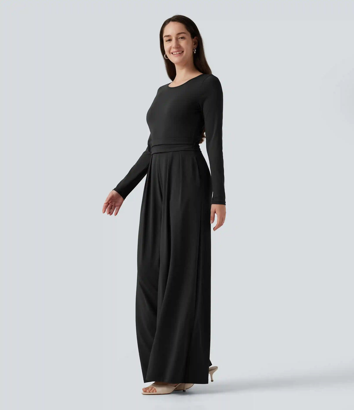 Round Neck Long Sleeve Wide Leg Casual Jumpsuit with Pockets-Easy Peezy Edition