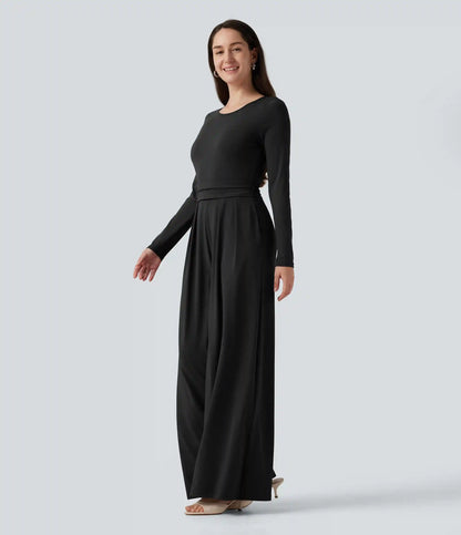 Round Neck Long Sleeve Wide Leg Casual Jumpsuit with Pockets-Easy Peezy Edition