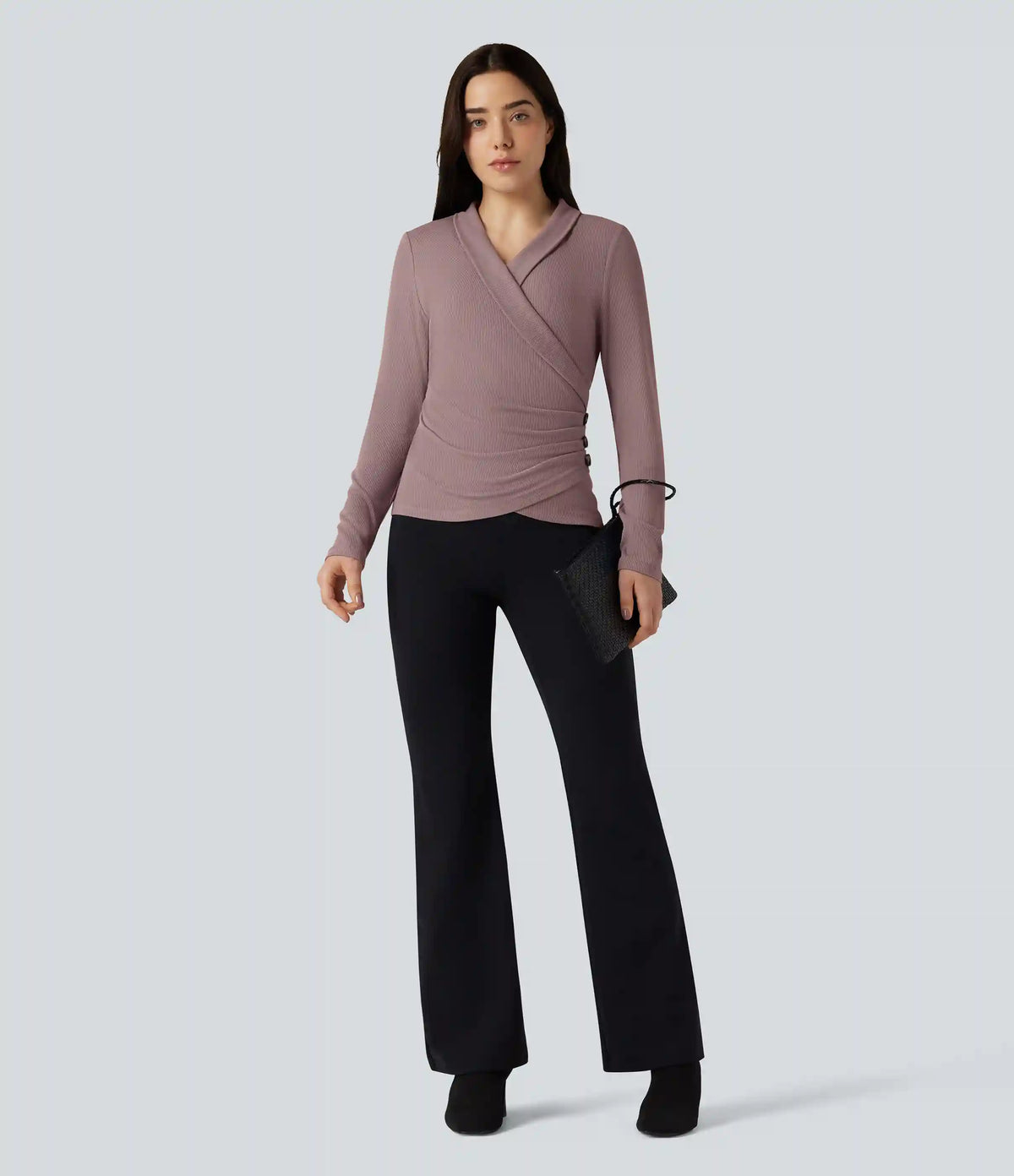 Ribbed Knit V-neck Crossover Long Sleeve Work Top