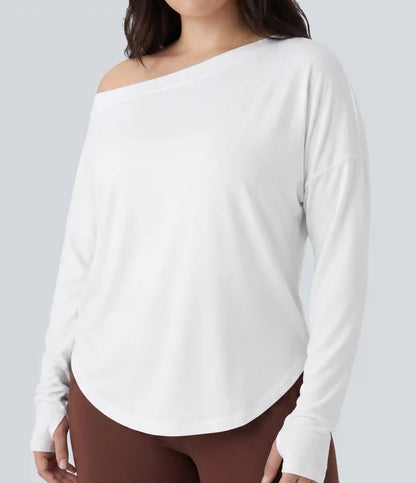 Plus Size One Shoulder Long Sleeve Thumb Hole Curved Hem High Low Quick Dry Yoga Sports Top