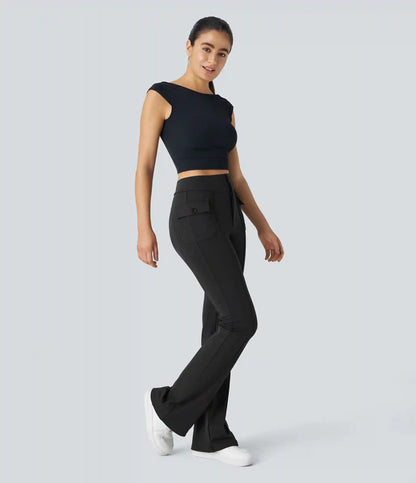 High Waisted Side Flap Pocket Flare Casual Cargo Pants