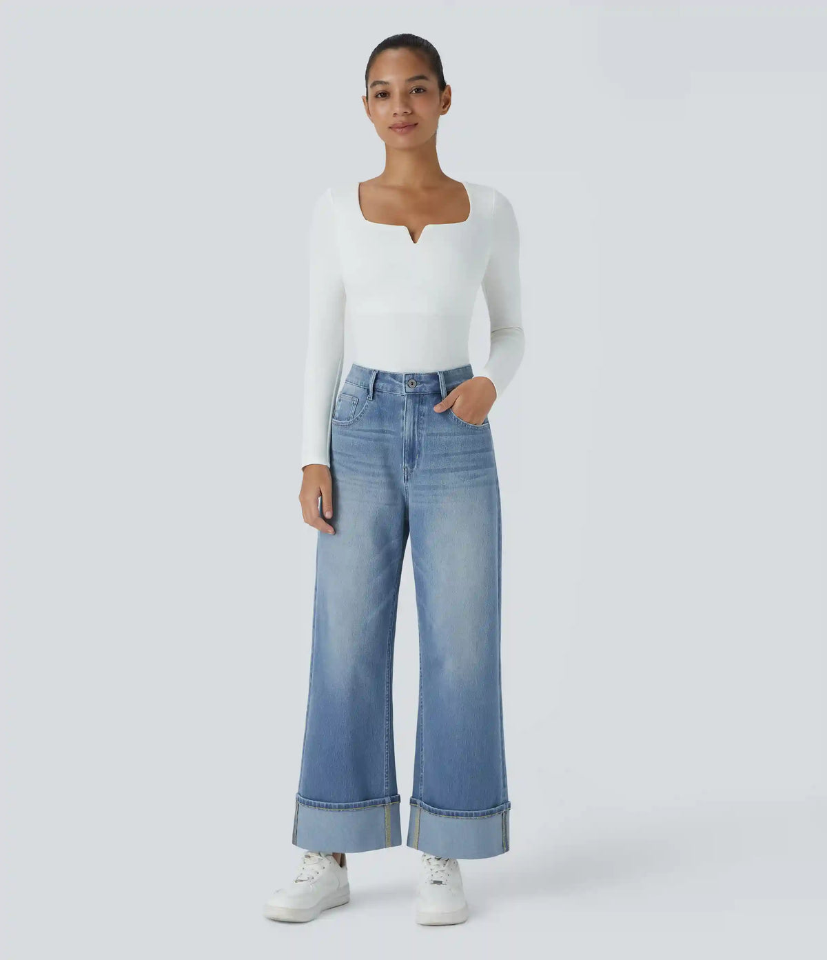 Halara Flex™ High Waisted Pockets Rolled Hem Wide Leg Washed Casual Jeans