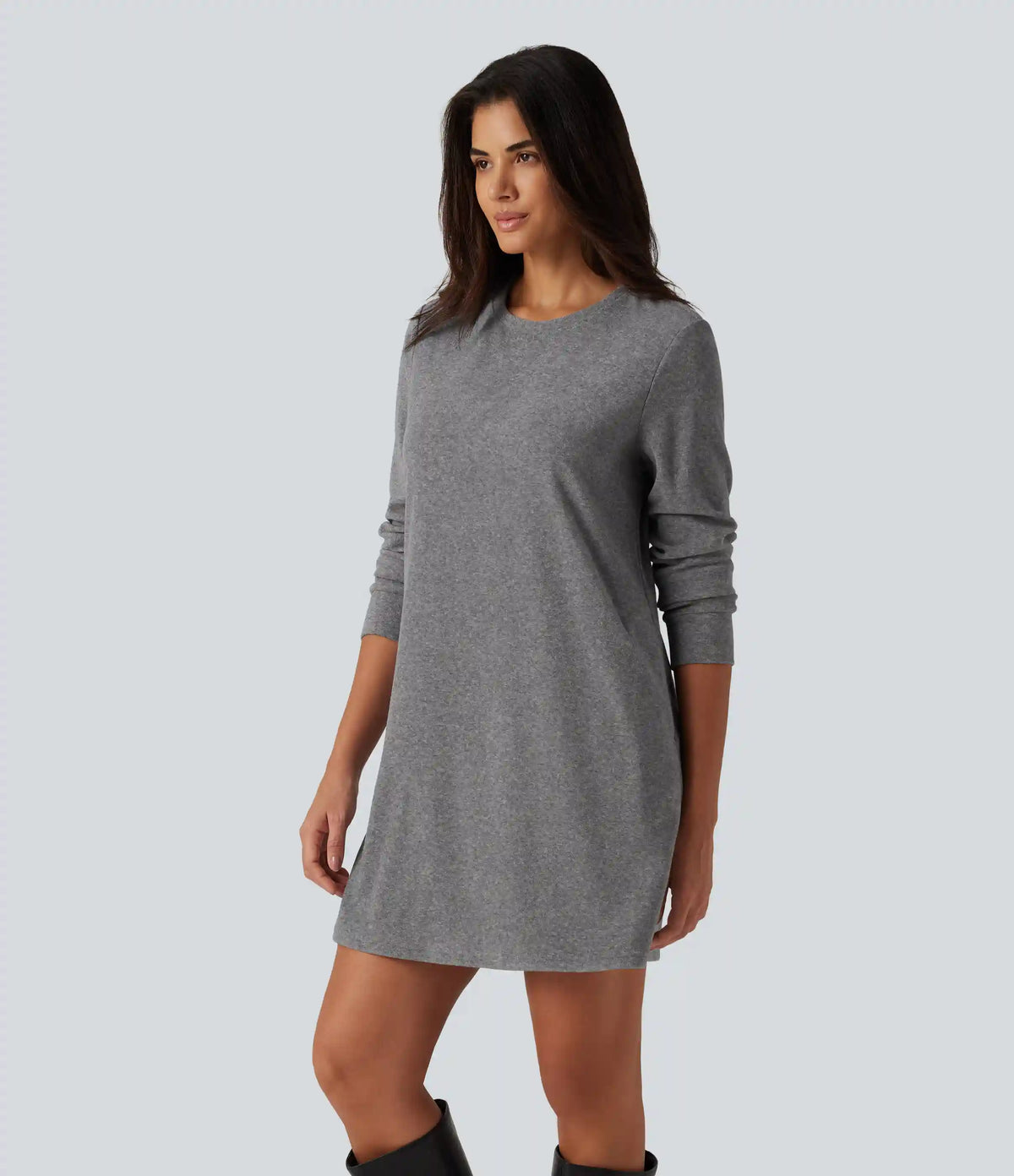 Round Neck Long Sleeve Mini Work Dress with Pockets