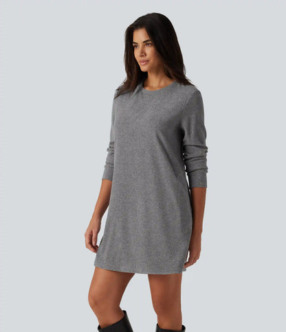 Round Neck Long Sleeve Mini Work Dress with Pockets