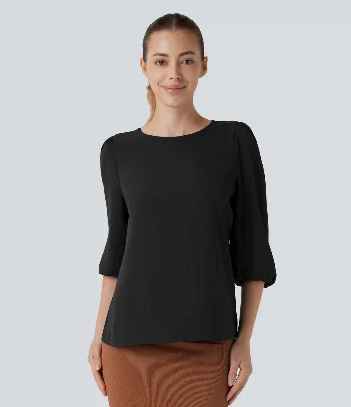 Boat Neck Keyhole Back Bishop Sleeve Work Linen-Feel Blouse