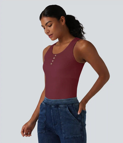 Ribbed Knit Round Neck Built-in Bra Casual Tank Top