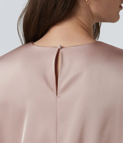 Round Neck Keyhole Back Cap Sleeve Satin Work Top