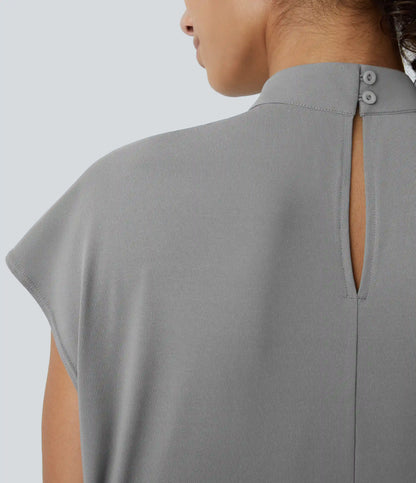 Stand Collar Back Cap Sleeve Work Blouse