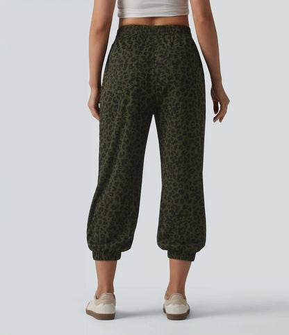 High Waisted Leopard Print Casual Cropped Baggy Joggers with Pockets