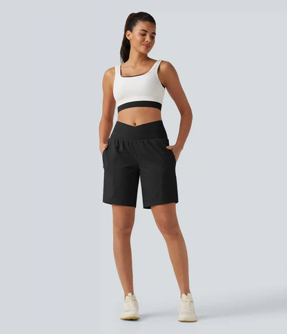 SoftlyZero™ Airy Crossover High Waisted 2-in-1 InstantCool Yoga Shorts 9'' with Pockets