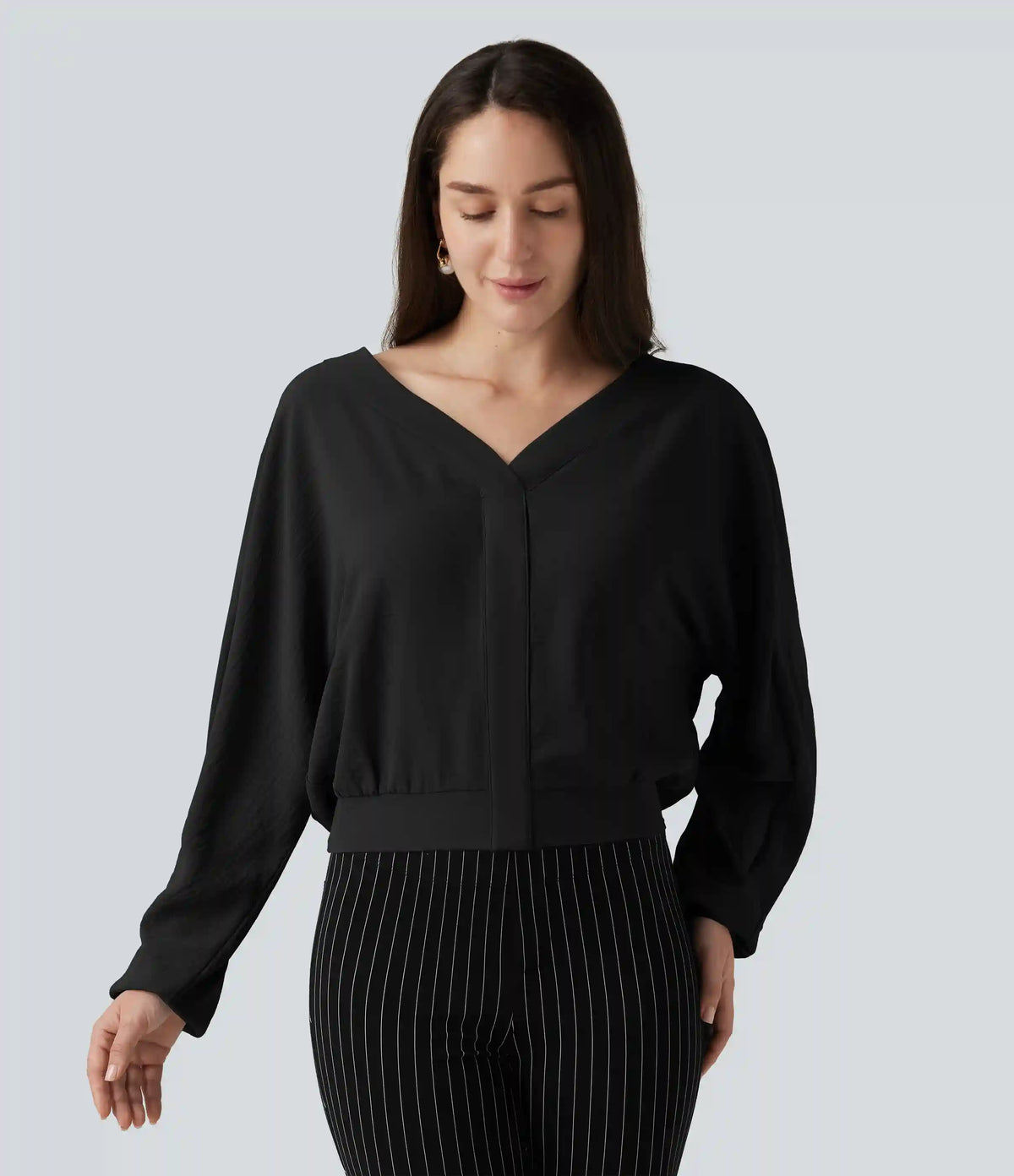 V Neck Batwing Long Sleeve Relaxed Work Blouse