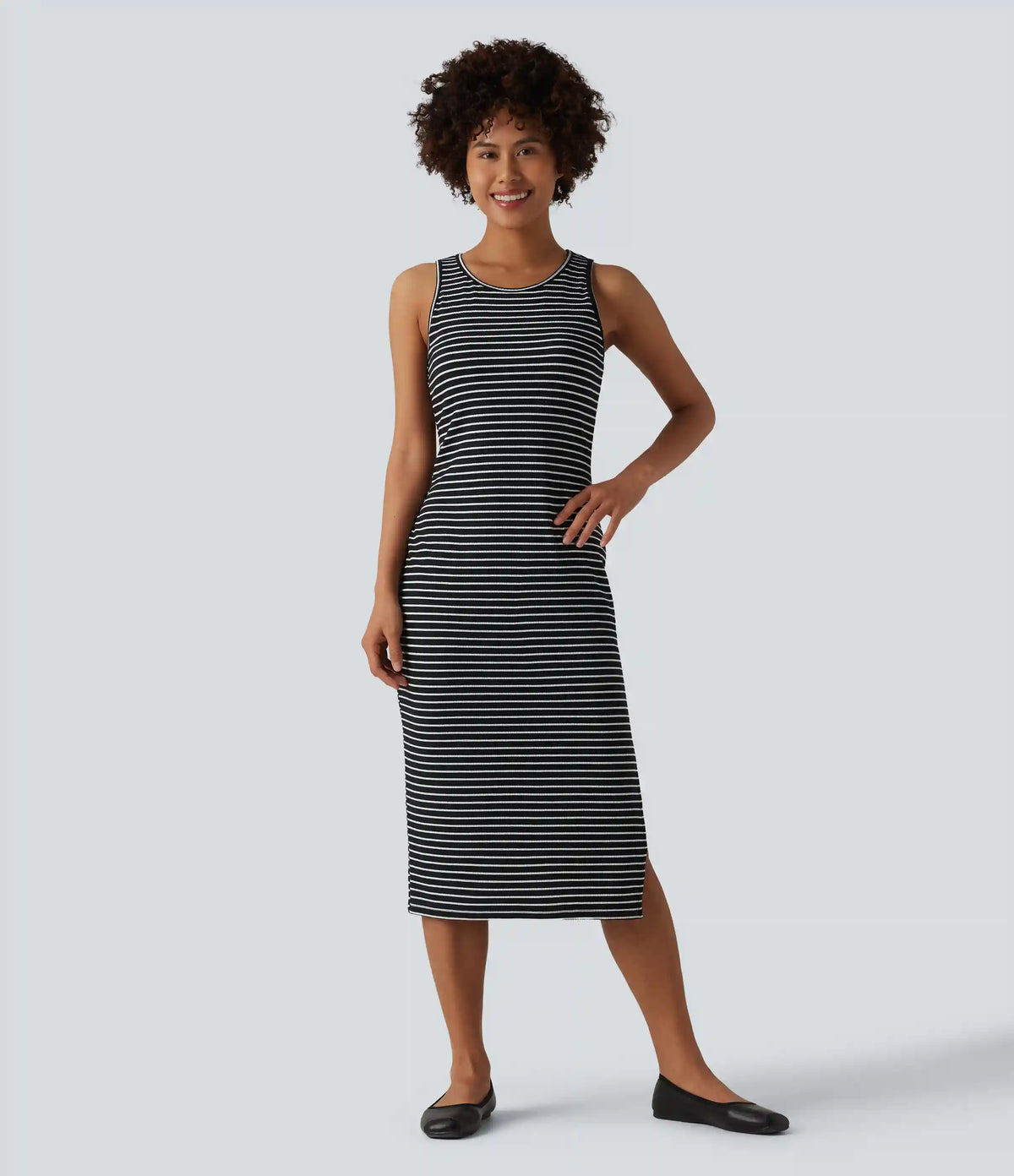 Round Neck Sleeveless Bodycon Stripe Midi Casual Dress