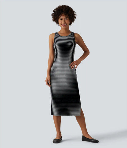 Round Neck Sleeveless Bodycon Stripe Midi Casual Dress