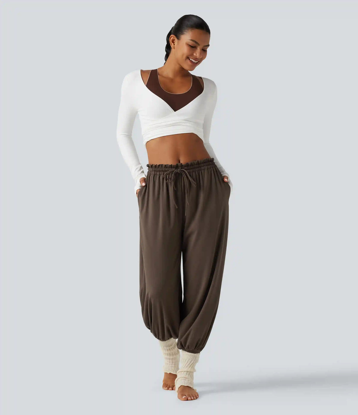 Mid Rise Drawstring Ruched Wrapped Yoga Joggers with Pockets