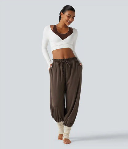 Mid Rise Drawstring Ruched Wrapped Yoga Joggers with Pockets