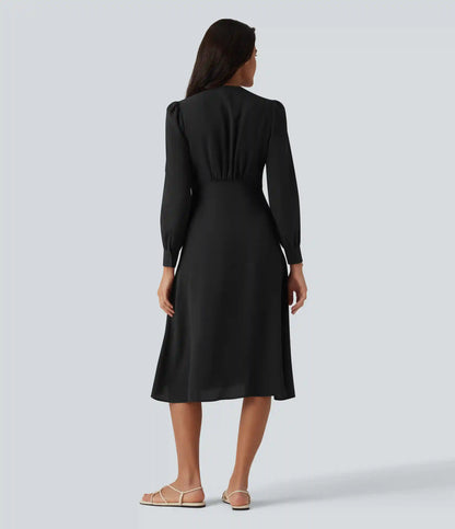 V-neck Puff Long Sleeve Midi Casual Dress