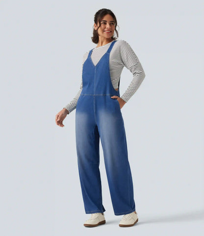 Halara Flex™ V Neck Sleeveless Barrel Leg Denim Casual Overalls with Pockets