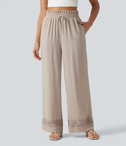High Waisted Drawstring Casual Linen-Feel Pants with Pockets