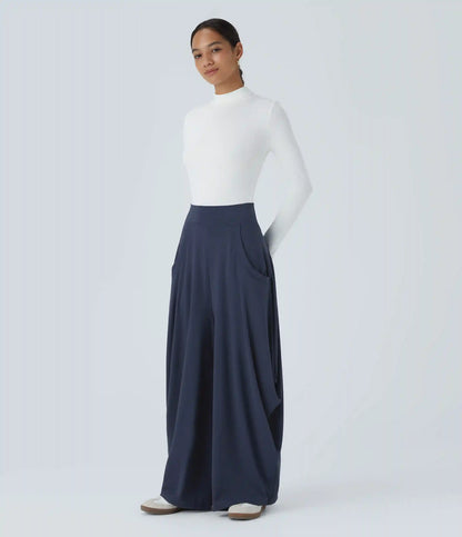 Mid Rise Pockets Draped Wide Leg Baggy Casual Pants
