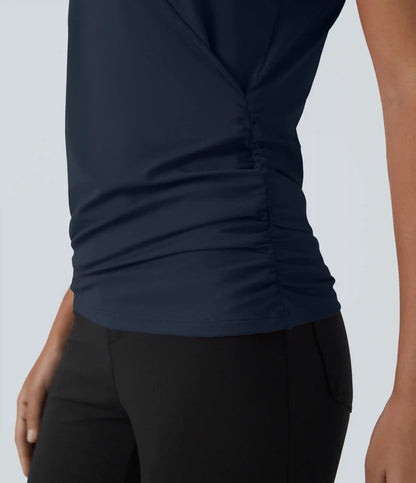 V Neck Cap Sleeve Crossover Ruched Solid Work Blouse