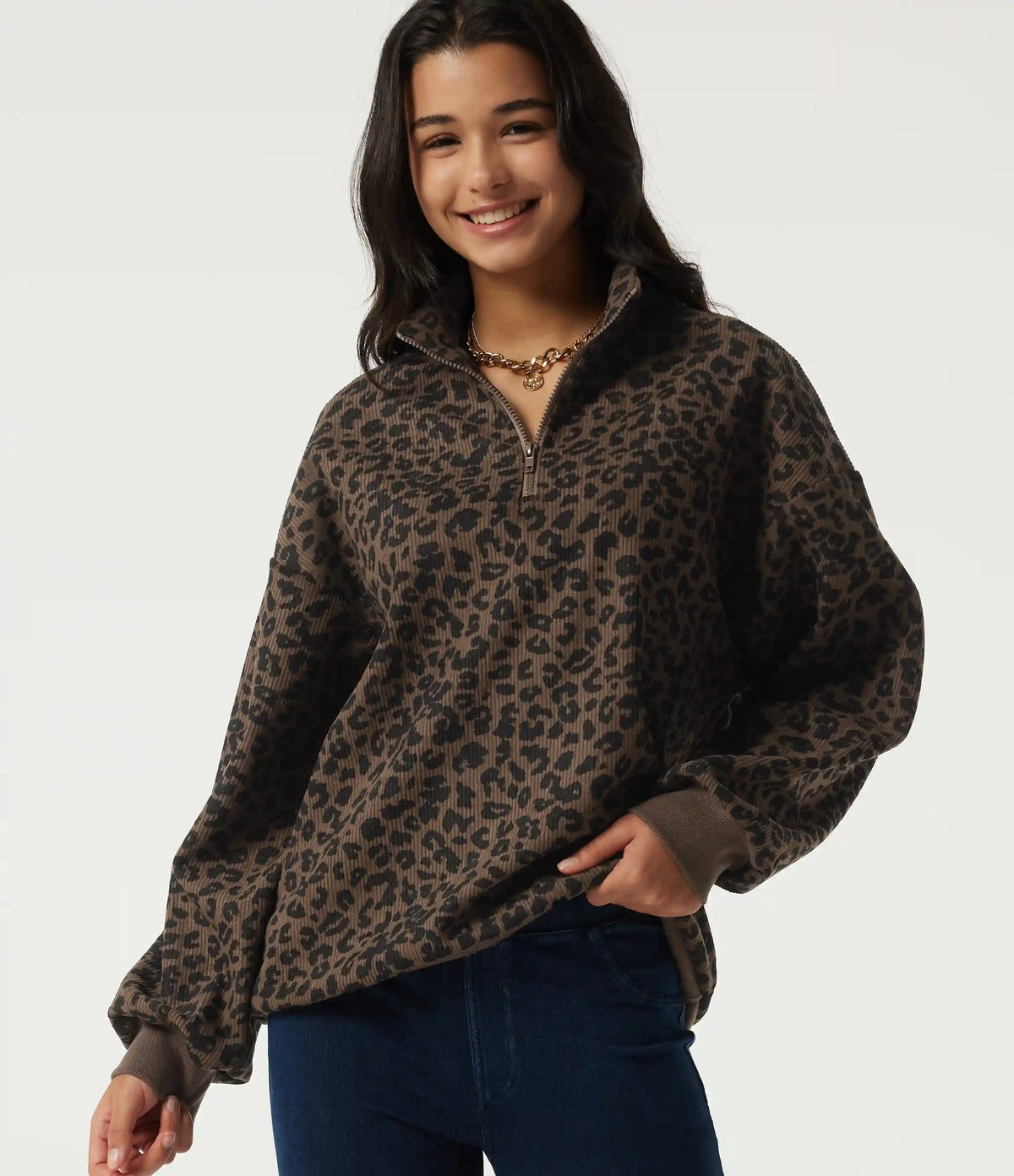 Stand Collar Long Sleeve Leopard Print Casual Top