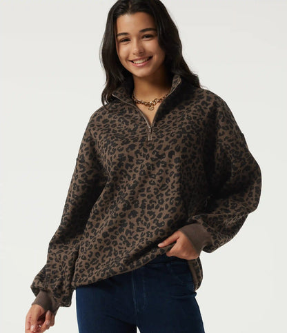 Stand Collar Long Sleeve Leopard Print Casual Top