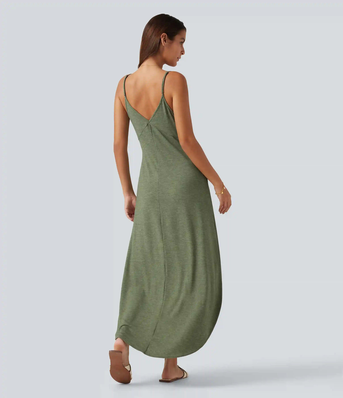V Neck Split Hem Maxi Casual Slip Dress with Pockets