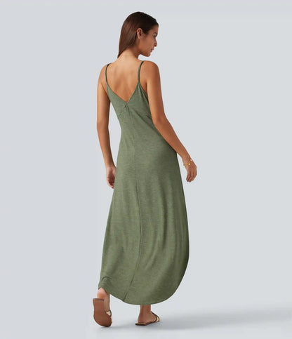 V Neck Split Hem Maxi Casual Slip Dress with Pockets