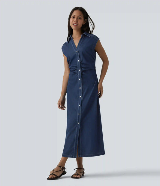 Halara Flex™ V-neck Sleeveless Ruched Button Fly Midi Denim Casual Dress