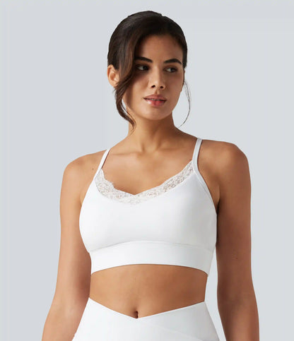 SoftlyZero™ Airy Light Support Sweetheart Neck Contrast Lace Built-in Bra InstantCool Workout Sports Bra-UPF50+