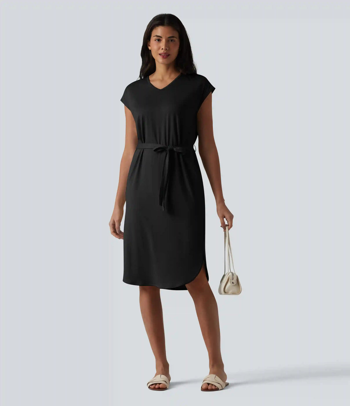 V-neck Short Sleeve Belted Curved Hem Casual T-Shirt Dress