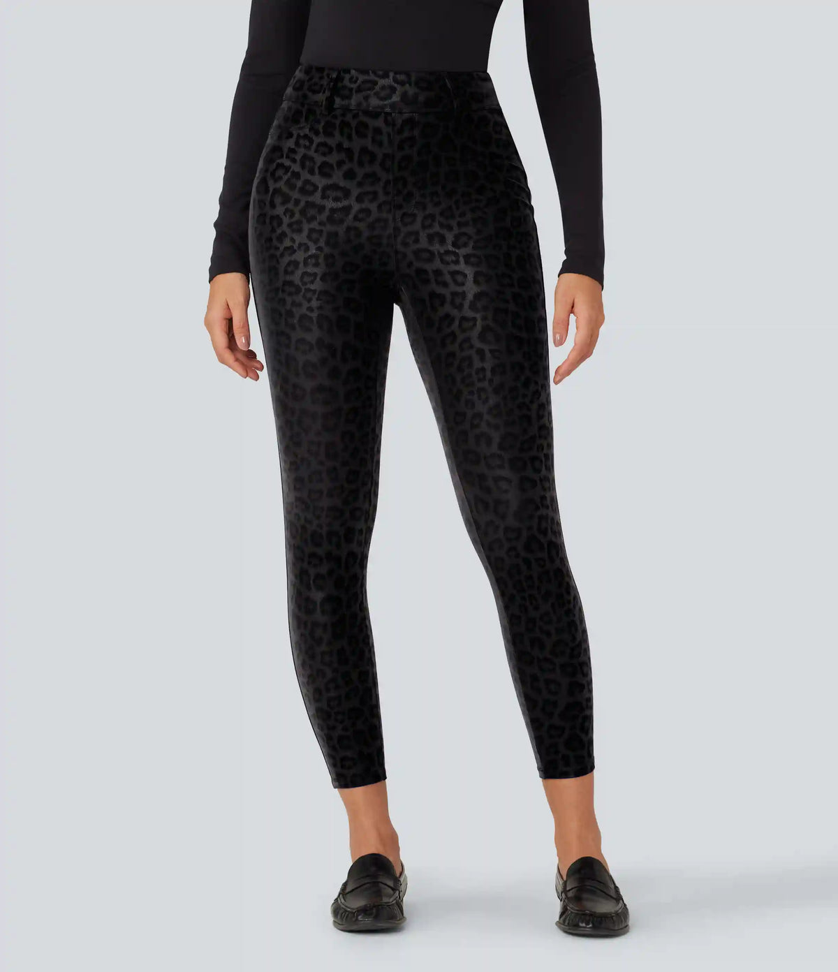 High Waisted Stretchy PU Leopard Print Fleece Casual Leggings with Pockets