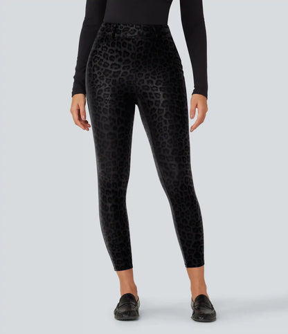High Waisted Stretchy PU Leopard Print Fleece Casual Leggings with Pockets